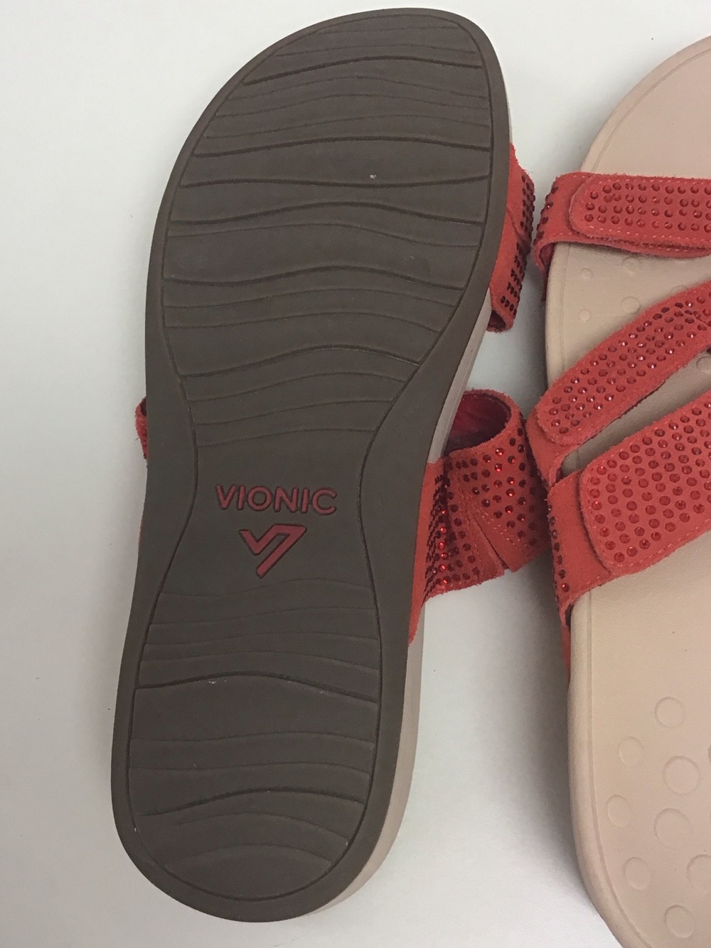 Vionic Red Rhinestone Triple-Strap Slide Sandals - Picture 6 of 6